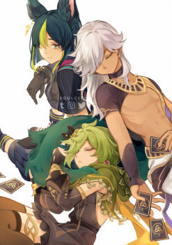 1girl 2boys ahoge ancient_egyptian_clothes animal_ear_fluff animal_ears artist_name asymmetrical_sleeves belt black_bridal_gauntlets black_choker black_gloves black_hair black_shirt blue_boots blue_pants blunt_ends bob_cut boots bridal_gauntlets bright_pupils brown_dress brown_eyes brown_sleeves brown_thighhighs cape capelet capri_pants card choker closed_eyes closed_mouth collei_(genshin_impact) commentary crop_top crossed_bangs cyno_(genshin_impact) dark-skinned_male dark_skin detached_sleeves dress earrings english_commentary fingerless_gloves fox_boy fox_ears fox_tail genius_invokation_tcg genshin_impact gloves gold_earrings green_capelet green_eyes green_hair hair_between_eyes hair_ornament hair_over_one_eye hood hood_down hoodie instagram_logo jewelry knee_up long_hair long_sleeves lying medium_hair multicolored_eyes multicolored_hair multiple_boys on_side one_eye_covered pants parted_bangs parted_lips playing_card shirt short_hair short_sleeves simple_background single_earring sitting sleeping sleeveless sleeveless_dress soulc1ty streaked_hair tail tassel thighhighs tighnari_(genshin_impact) twitter_logo two-tone_eyes uneven_sleeves usekh_collar white_background white_hair white_pupils yellow_cape