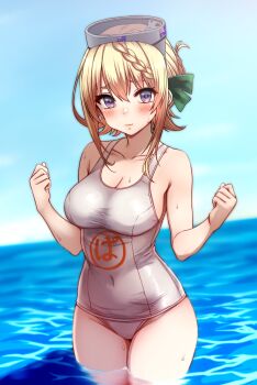 1girl absurdres blonde_hair blue_sky blush braid braided_bangs braided_bun breasts commentary_request cosplay covered_navel diving_mask diving_mask_on_head goggles goggles_on_head green_ribbon hair_between_eyes hair_bun hair_ribbon highres kantai_collection maru-yu_(kancolle) maru-yu_(kancolle)_(cosplay) medium_breasts nuka_(nvkka) ocean one-piece_swimsuit partially_submerged perth_(kancolle) purple_eyes ribbon school_swimsuit single_hair_bun sky solo swimsuit white_one-piece_swimsuit