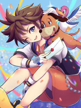 Rule 34 | 1boy, :d, absurdres, animal, bird, blue background, blue eyes, brown hair, chain, chain necklace, commentary request, dog, dog (duck hunt), duck, duck (duck hunt), duck hunt, envelope, fingerless gloves, gloves, highres, holding, holding envelope, holding letter, jacket, jewelry, kingdom hearts, letter, looking at another, looking at viewer, necklace, nintendo, norimaki (nrmk norinori), one eye closed, open clothes, open jacket, open mouth, shoes, short hair, smile, sora (kingdom hearts), spiked hair, super smash bros., white gloves, yellow shoes