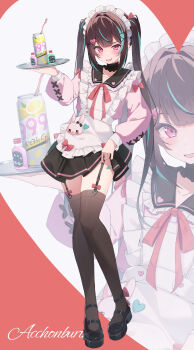 1girl absurdres black_thighhighs brown_hair commentary_request drink highres jirai_kei maid makasamalove original red_eyes shoes skirt suspender_skirt suspenders thighhighs thighs