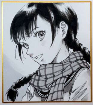 1girl braid braided_twintails commentary_request from_side greyscale long_hair looking_at_viewer looking_to_the_side makomako1061 monochrome neckerchief open_mouth original photo_(medium) plaid_clothes plaid_scarf portrait sailor_collar scarf school_uniform shikishi smile solo traditional_media wispy_bangs
