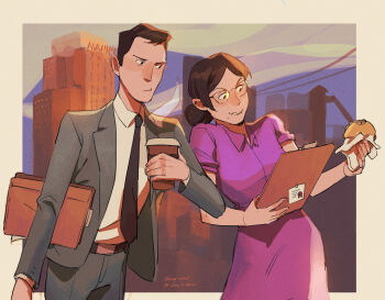 1boy 1girl among_us bagel belt black_hair breasts brown_hair citrus0lemon clipboard closed_mouth collared_dress collared_shirt commentary cowboy_shot crewmate_(among_us) cup disposable_cup dress dress_shirt english_commentary food food_on_face formal_clothes glasses highres holding holding_clipboard holding_cup holding_food jacket lapels long_sleeves looking_at_object medium_breasts miss_pauling mr._bidwell necktie notched_lapels outdoors pants parted_bangs purple_dress red_(among_us) shirt shirt_tucked_in short_hair short_sleeves sidelocks signature steam steaming_cup suit team_fortress_2 white_shirt