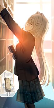 1girl black_jacket black_pantyhose blazer blonde_hair book breasts cat_hair_ornament commentary cowboy_shot from_side green_skirt hair_intakes hair_ornament highres holding holding_book indoors jacket library long_hair long_sleeves medium_breasts original pantyhose plaid_clothes plaid_skirt pleated_skirt purple_eyes reaching school_uniform skirt solo sunlight tiptoes translation_request twitter_username very_long_hair yukimaru_nun