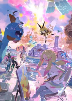 Rule 34 | 2boys, 6+girls, 6+others, alolan exeggutor, alolan form, alternate color, black shirt, blonde hair, boat, brown hair, dusk, e volution, flag, floating home, gen 1 pokemon, gen 2 pokemon, gen 3 pokemon, gen 6 pokemon, gen 7 pokemon, granbull, green (pokemon), green pants, highres, huntail, igglybuff, insect wings, island, lapras, looking at object, magikarp, mina (pokemon), multicolored hair, multicolored sky, multiple boys, multiple girls, multiple others, nintendo, ocean, paintbrush, painting (action), painting (object), palm tree, pants, pelipper, pier, pikachu, pokemon, pokemon sm, pool, red (pokemon), ribombee, shiinotic, shiny pokemon, shirt, sky, smile, steelix, sylveon, teeth, tree, two-tone hair, v, watercraft, whiskers, white shirt, wigglytuff, wings, wingull