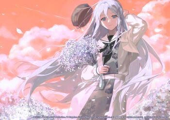 Rule 34 | 1girl, absurdres, ano hi kanadeta neiro wo (project sekai), beret, black hat, black neckerchief, blue eyes, bouquet, chinese commentary, closed mouth, cloud, commentary request, company name, copyright notice, cropped jacket, dress, flower, guest art, hair between eyes, hat, highres, holding, holding bouquet, jacket, long hair, neckerchief, official alternate costume, official art, orange sky, project sekai, purple flower, sailor collar, second-party source, sky, solo, unworn hat, unworn headwear, very long hair, watermark, web address, white hair, white jacket, white sailor collar, wind, ye (pixiv4862539), yoisaki kanade