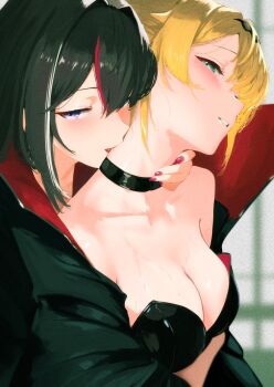 2girls alternate_costume aqua_eyes azki_(hololive) biting black_bustier black_choker black_cloak black_hair black_hairband blonde_hair blush breasts bustier choker cleavage cloak cohi27151463 commentary fang from_side hairband half-closed_eyes halloween_costume hand_around_neck highres hololive jitome kazama_iroha long_hair looking_at_viewer medium_breasts multicolored_hair multiple_girls nail_polish neck_biting parted_lips profile purple_eyes red_hair red_nails short_hair streaked_hair sweat symbol-only_commentary upper_body vampire_costume virtual_youtuber white_hair