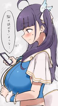 Rule 34 | 1girl, ahoge, alternate breast size (larger), blue shirt, blunt bangs, blush, bow, breasts, cellphone, chofu noriko, closed mouth, commentary, crop top, cropped shirt, dou-da? doing!, egosearching, hair bow, hair ornament, highres, holding, holding phone, huge breasts, ikizulive! love live! bluebird, long hair, love live!, phone, profile, purple hair, shirt, short sleeves, sidelocks, simple background, smartphone, solo, speech bubble, sweatdrop, syoma (1026syoma), thought bubble, translation request, white background, white bow, wing hair ornament
