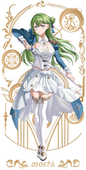 1girl absurdres artist_name blue_eyes blue_sleeves bow braid breasts closed_mouth commentary frilled_sleeves frills full_body green_hair hair_bow hair_bun highres holding holding_sword holding_weapon layered_skirt long_hair medium_breasts midriff_peek mosta_(lo1777789) original patterned_background shirt simple_background single_hair_bun skirt smile solo sword symbol-only_commentary thighhighs weapon white_shirt white_skirt white_thighhighs zettai_ryouiki