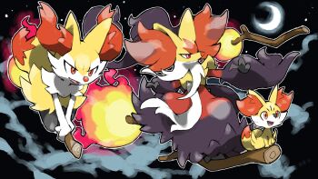 animal_ear_fluff blacknirrow braixen closed_mouth cloud commentary crescent_moon delphox evolutionary_line fangs fennekin fire gen_6_pokemon highres mega_delphox mega_pokemon moon night nintendo open_mouth orange_eyes outline pokemon pokemon_(creature) pokemon_focus riding smile star_(sky) stick white_outline