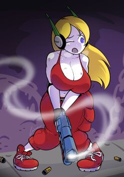 1girl absurdres android anteater_ears artist_name belt belt_buckle blonde_hair blue_eyes boots breasts buckle chain cleavage curly_brace doll_joints doukutsu_monogatari gun gun_smoke gynoid handgun highres holding holding_gun holding_revolver holding_weapon joints large_breasts lina-ciari long_hair monster navel one_eye_closed open_mouth pants pistol pocket revolver robot robot_girl shell_casing tank_top weapon