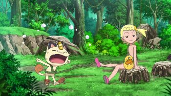 1girl anime_screenshot blonde_hair blue_eyes bonnie_(pokemon) dedenne gen_1_pokemon gen_6_pokemon loli meowth nintendo nipples nude nude_filter pokemon pokemon_(anime) pokemon_xy_(anime) third-party_edit