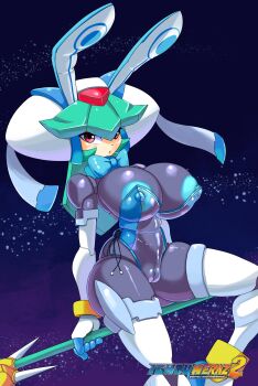 1girl absurdres black_bodysuit bodysuit breasts cameltoe covered_erect_nipples cowboy_shot grey_hair helmet highres holding holding_staff huge_breasts inchduhernz leotard long_hair mega_man_(series) mega_man_zx model_w_(mega_man) pandora_(mega_man) red_eyes see-through_clothes see-through_leotard solo staff white_helmet