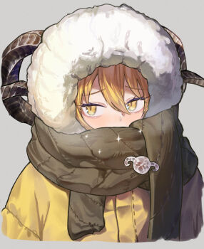 1girl absurdres blonde_hair commentary_request covered_mouth cropped_torso don_quixote_(project_moon) fur_hood green_scarf grey_background hair_between_eyes heishou_pack-wei_branch_(identity)_(project_moon) highres horns jacket lechiennoir limbus_company looking_to_the_side project_moon scarf sheep_girl sheep_horns simple_background slit_pupils solo yellow_eyes yellow_jacket