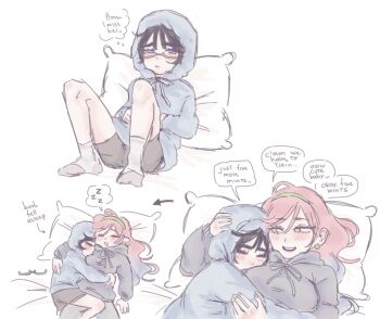 2girls alien_stage black_hair blue_hoodie blush closed_eyes commentary cuddling dvonrock1 earrings english_text glasses green_hairband grey_hoodie hairband hood hood_up hoodie hug jewelry mizi_(alien_stage) multiple_girls open_mouth pillow pink_hair purple_eyes short_hair simple_background sleeping smile speech_bubble spoken_zzz sua_(alien_stage) thought_bubble unworn_eyewear white_background yuri zzz