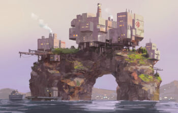 Rule 34 | architecture, building, chimney, commentary request, concept art, crane (machine), dock, highres, island, mountain, original, painting (medium), scenery, ship, smoke, tokunaga akimasa, traditional media, water, watercraft