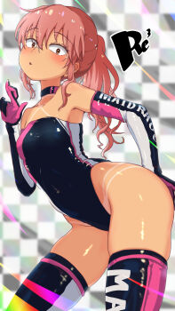 1girl black_choker black_leotard breasts brown_eyes checkered_background choker covered_navel crossed_fingers dark-skinned_female dark_skin elbow_gloves from_side glasses gloves hand_on_own_hip kobayashi-san_chi_no_maidragon kobayashi_(maidragon) leaning_forward leotard long_hair pink_hair ponytail race_queen reiwa_rerere signature skindentation small_breasts solo standing tan tanline thighhighs