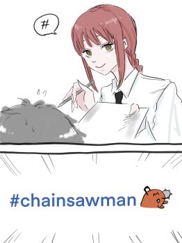 1boy 1girl absurdres black_necktie chainsaw_man closed_mouth collared_shirt denji_(chainsaw_man) flying_sweatdrops highres holding holding_paper iing_naoe makima_(chainsaw_man) necktie paper pochita_(chainsaw_man) red_hair ringed_eyes shirt sidelocks smile speech_bubble white_shirt yellow_eyes