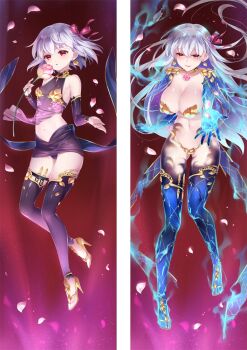 2girls breasts breasts_apart cleavage closed_mouth dakimakura_(medium) detached_sleeves fate/grand_order fate_(series) fiery_hair floating_hair flower full_body hair_between_eyes hair_ribbon high_heels holding holding_flower kama_(adult)_(fate) kama_(assassin)_(first_ascension)_(fate) kama_(assassin)_(third_ascension)_(fate) kama_(fate) kama_(first_ascension)_(fate) kama_(third_ascension)_(fate) kama_(young)_(fate) large_breasts long_hair long_sleeves looking_at_viewer microskirt midriff moeanime multiple_girls navel panties parted_lips petals pink_flower pink_ribbon purple_panties purple_skirt purple_sleeves red_background red_eyes ribbon shiny_clothes shiny_legwear shiny_skin skirt smile split_screen stomach thighhighs underwear very_long_hair white_hair yellow_panties
