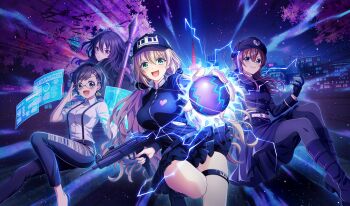 4girls :d adjusting_eyewear arihara_tsubasa arisugawa_saori arisugawa_saori_(cosplay) aura ball baseball_(object) baseball_cap belt belt_buckle black_belt black_footwear black_gloves black_hair black_hat black_jacket black_pants black_pantyhose black_scrunchie black_skirt blonde_hair blue_eyes boots brown_hair buckle cherry_blossoms cinderella_series closed_mouth collared_shirt cosplay crossover earrings game_cg glasses gloves green_eyes gun hachigatsu_no_cinderella_nine hair_between_eyes hair_ornament hair_scrunchie hat highres holding holding_ball holding_gun holding_weapon holographic_interface jacket jewelry kamiki_yui_(tribe_nine) kamiki_yui_(tribe_nine)_(cosplay) kawakita_tomoe light_particles long_hair long_sleeves low_twintails multiple_girls night night_sky non-web_source nozaki_yuuki official_alternate_costume official_alternate_hairstyle official_art ooi_minami ooi_minami_(cosplay) open_mouth outdoors pants pantyhose reaching reaching_towards_viewer scrunchie shinonome_ryo shirt short_hair single_earring skirt sky sleeves_rolled_up smile suspenders tokyo_tower triangular_eyewear tribe_nine twintails v-shaped_eyebrows weapon white_belt white_shirt yukigaya_enoki yukigaya_enoki_(cosplay)