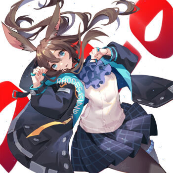 1girl amiya_(arknights) animal_ears arknights ascot black_jacket blue_eyes blue_skirt brown_hair brown_pantyhose cowboy_shot hair_between_eyes hands_up infection_monitor_(arknights) jacket kan_(rainconan) long_hair looking_at_viewer open_clothes open_jacket pantyhose parted_lips purple_ascot rabbit_ears rabbit_girl shirt skirt solo white_background white_shirt