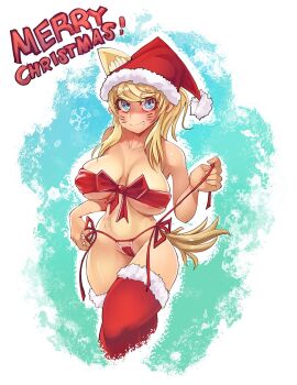 1girl 2020 alternate_breast_size_(larger) alternate_costume alternate_headwear alternate_legwear animal_ear_fluff animal_ears areola_slip artist_name bandeau besthetz bikini bikini_top_only blonde_hair blue_background blue_eyes bow bow_bikini breasts cameltoe christmas closed_mouth covered_erect_nipples cropped_legs dated english_text extra_ears eyes_visible_through_hair facial_mark fang fang_out hat highres holding holding_string large_breasts liru long_hair maebari merry_christmas ponytail red_bandeau red_bow red_thighhighs renkin_san-kyuu_magical_pokaan santa_hat scar scar_on_stomach shaded_face sidelocks smile snowflake_background snowflakes solo standing string swimsuit tail thighhighs thighs two-tone_background underboob werewolf whisker_markings white_background wolf_ears wolf_girl
