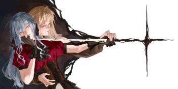 Rule 34 | 2girls, absurdres, ahoge, bang dream!, bang dream! it's mygo!!!!!, blonde hair, blue hair, corset, doloris (bang dream!), gloves, hand on another's waist, highres, holding, holding sword, holding weapon, lips, long hair, looking at viewer, medium hair, misumi uika, multiple girls, oblivionis (bang dream!), purple eyes, putaooking, simple background, sword, togawa sakiko, weapon, white background, yellow eyes, yuri