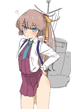 1girl ? absurdres aqua_necktie blue_eyes brown_hair clothes_lift collared_shirt commentary_request dress dress_lift dress_shirt gradient_hair hair_ribbon halter_dress halterneck highres kantai_collection kazagumo_(kancolle) long_hair machinery multicolored_hair necktie ponytail purple_dress ribbon shirt simple_background solo tsuru_(thunder_tsuru) underwear white_background white_shirt