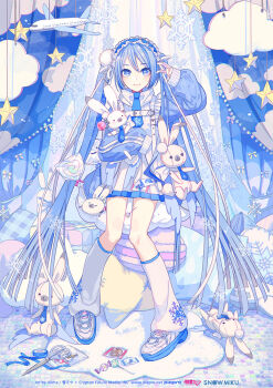 1girl aircraft airplane artist_name blue_eyes blue_hair blue_necktie blue_theme candy character_doll cloud commentary_request doll dress food full_body hair_between_eyes hatsune_miku ixima leg_warmers lollipop long_hair long_sleeves looking_at_viewer necktie official_art puffy_long_sleeves puffy_sleeves rabbit_yukine scissors second-party_source shoes sitting sleeves_past_wrists snowflake_print snowflakes solo twintails v very_long_hair vocaloid white_leg_warmers white_shoes wrapped_candy yuki_miku