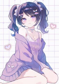 1girl bare_shoulders black_hair blush bow breasts choker cleavage closed_mouth collarbone commentary dress english_commentary feet_out_of_frame grid_background hair_bow highres ilis_0226 jacket long_hair long_sleeves looking_at_viewer medium_breasts off_shoulder open_clothes open_jacket original purple_eyes purple_jacket sitting sleeveless sleeveless_dress solo twintails wariza white_background white_bow white_choker white_dress