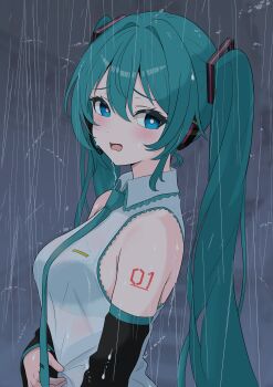 1girl absurdres aqua_hair aqua_trim bare_shoulders black_bra black_sleeves blue_eyes bra breasts bright_pupils commentary detached_sleeves dot_nose facing_to_the_side futatunoniji hair_between_eyes hair_intakes hair_ornament hatsune_miku headset highres light_blush long_hair medium_breasts number_tattoo outdoors rain see-through_clothes shirt shoulder_tattoo sleeveless sleeveless_shirt solo tattoo twintails underwear untranslatable_commentary upper_body very_long_hair vocaloid wet wet_clothes wet_shirt white_pupils white_shirt wing_collar