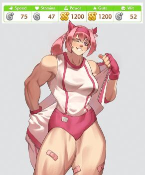 absurdres alternate_muscle_size animal_ears bandaid bandaid_on_leg breasts buruma encariah fingerless_gloves flower_in_eye gloves haru_urara_(bestest_prize)_(umamusume) haru_urara_(umamusume) headband highres horse_ears horse_girl long_hair looking_at_viewer medium_breasts muscular muscular_female one_eye_closed pink_buruma pink_gloves pink_hair pink_headband ponytail smile standing symbol_in_eye umamusume undressing