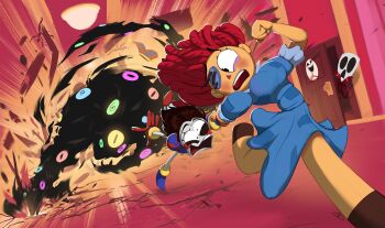 3girls absurdres blue_dress button_eye buttons door dress gangle_(the_amazing_digital_circus) glitch_productions highres mask megadraws24 monster multicolored_eyes multiple_eyes multiple_girls pomni_(the_amazing_digital_circus) puffy_short_sleeves puffy_sleeves ragatha_(the_amazing_digital_circus) running short_hair short_sleeves the_amazing_digital_circus