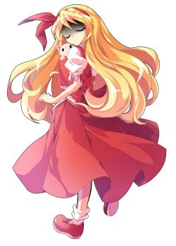 Rule 34 | 1girl, alphes (style), back bow, blonde hair, bow, cat, closed eyes, closed mouth, commentary request, dairi, ellen (touhou), from side, full body, gloom (expression), hair ribbon, hairband, large variant set, long hair, parody, pet, puffy short sleeves, puffy sleeves, red bow, red hairband, red ribbon, red shoes, red skirt, red vest, ribbon, shirt, shoes, short sleeves, simple background, skirt, socks, sokrates (touhou), solo, style parody, tachi-e, touhou, touhou (pc-98), transparent background, variant set, vest, white cat, white shirt, white socks