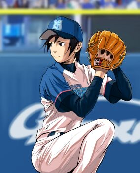 Rule 34 | 1girl, baseball cap, baseball glove, baseball uniform, black eyes, black hair, commentary request, hat, highres, long sleeves, mimiyama kiichi, original, pitching, pixiv girls' pro baseball, serious, short hair, solo, sportswear, standing, standing on one leg