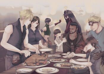 3girls 6+girls bare_arms bare_shoulders barret_wallace black_hair black_vest blonde_hair blue_eyes breasts brown_hair cape christmas cid_highwind cloak cloud_strife commentary_request cropped_sweater cup dark-skinned_male dark_skin denzel_(ff7) dinner dog_tags final_fantasy final_fantasy_vii final_fantasy_vii:_advent_children fireworks food goggles goggles_on_head green_sweater headband highres holding holding_fireworks hood hood_down large_breasts long_hair looking_at_another marlene_wallace midriff mixmomo_yah multiple_girls navel plate red_cape red_cloak red_eyes red_xiii ribbed_shirt shirt short_hair sleeveless sleeveless_shirt sleeveless_turtleneck sparkler spiked_hair sweater table tifa_lockhart turkey_(food) turtleneck turtleneck_sweater vest vincent_valentine yuffie_kisaragi zipper