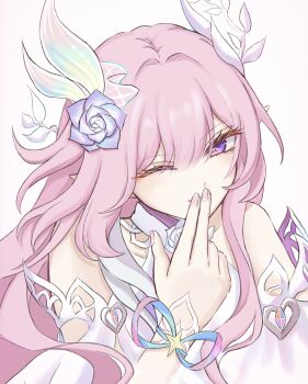 1girl ;) absurdres bare_shoulders blowing_kiss commentary_request cyrene_(honkai:_star_rail) cyrene_(ripples_of_past_reverie)_(honkai:_star_rail) diamond-shaped_pupils diamond_(shape) dress flower hair_flower hair_ornament highres honkai:_star_rail honkai_(series) looking_at_viewer mochimochi_(mochimochi2584) one_eye_closed pink_hair pointy_ears purple_eyes simple_background smile solo symbol-shaped_pupils white_background white_dress