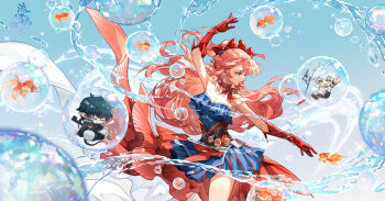 1girl 2boys absurdres arknights armpits bare_shoulders belt blue_dress bow bracelet breasts bubble chinese_commentary choker cleavage commentary_request dress earrings elbow_gloves faust_(arknights) fish floating_hair frilled_dress frills gloves goldfish hair_bow half_updo haruka_(arknights) highres jewelry liuyun_yucui long_hair mephisto_(arknights) multiple_boys orange_hair pearl_bracelet pearl_earrings pointy_ears profile red_gloves ribbon_choker short_dress sidelocks strapless strapless_dress