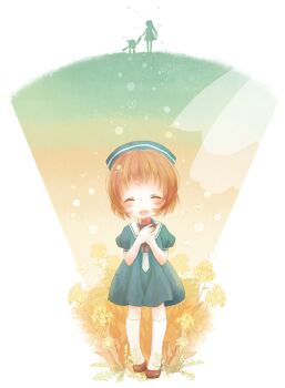 Rule 34 | 00s, 1girl, brown hair, clannad, dress, closed eyes, garbage doll, girl from the illusionary world, hat, okazaki ushio, picomomo, robot, sailor dress, sailor hat, school uniform, short hair, toy