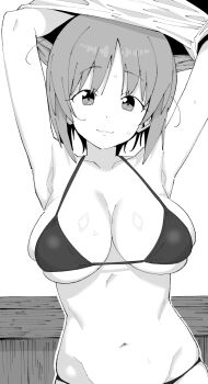 1girl armpits arms_up bikini breasts closed_mouth commentary_request girls_und_panzer henyaan_(oreizm) highres large_breasts looking_at_viewer monochrome navel nishizumi_miho short_hair simple_background solo sweat swimsuit undressing white_background