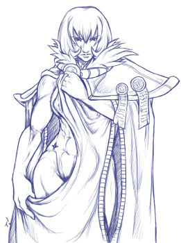 1girl abs adepta_sororitas cape female_focus groin monochrome muscular purity_seal short_hair sisters_of_battle sketch solo warhammer_40k