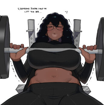 >_< 1girl barbell bench_press black_hair breasts broccoli_(ohasi) dark-skinned_female dark_skin english_text exercising glasses huge_breasts long_hair looking_at_viewer lying midriff navel ohasi original simple_background sweat trembling turtleneck_crop_top very_dark_skin very_long_hair weightlifting weights white_background