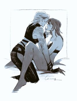 2girls arm_tattoo between_legs blush bra breasts chief_(path_to_nowhere) claws cleavage commentary english_commentary eye_contact female_chief_(path_to_nowhere) gloves greyscale hand_on_another&#039;s_face kneeling lemons_on_sticks long_hair looking_at_another medium_breasts medium_hair monochrome multiple_girls open_mouth panties pants path_to_nowhere shoulder_tattoo signature sitting strapless strapless_bra tattoo underwear underwear_only yuri zoya_(path_to_nowhere)