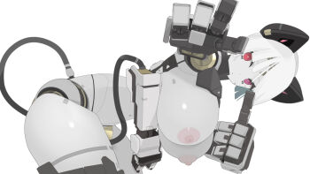 android breasts cable cable_tail colored_skin commentary commentary_request exposed_internal_machinery hanging_breasts huge_breasts joints leaning_forward mark_under_both_eyes mechanical_arms mechanical_ears mechanical_hands mechanical_tail nanatsuki_sousuke nipples original red_eyes robot_girl robot_joints simple_background swimsuit tail thumbs_up white_background white_hair white_skin
