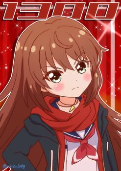 Rule 34 | 1girl, battle girl high school, black jacket, brown hair, closed mouth, drawstring, frown, green eyes, hair between eyes, highres, hood, hood down, jacket, jewelry, long hair, long sleeves, looking at viewer, misaki (battle girl high school), neckerchief, necklace, nna btg, red background, red neckerchief, sailor collar, school uniform, serafuku, shirt, solo, upper body, very long hair, white shirt