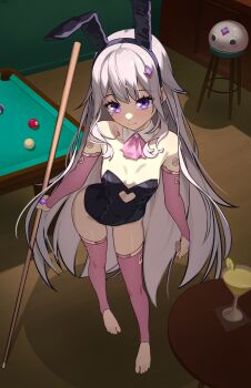 1girl absurdres alternate_costume animal_ear_hairband animal_ears barefoot billiards black_leotard breasts center-flap_bangs cleavage closed_mouth clothing_cutout colored_inner_hair commentary contrapposto cutout_above_navel detached_collar detached_sleeves double-parted_bangs english_commentary fake_animal_ears feet full_body gem gradient_hair grey_hair hair_flaps hairband hand_jewel highres holding_cue_stick hololive hololive_english indoors jewel_under_eye koseki_bijou leotard loli long_hair looking_at_viewer multicolored_hair paid_reward_available pebble_(koseki_bijou) pink_sleeves pink_thighhighs playboy_bunny pool_table purple_eyes purple_gemstone purple_hair rabbit_ear_hairband rabbit_ears sidelocks small_breasts smile solo strapless strapless_leotard table thighhighs toes very_long_hair virtual_youtuber x_xith_x
