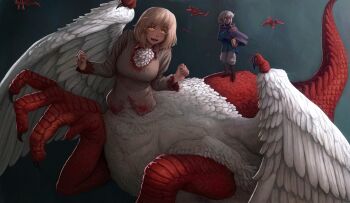 1boy 1girl absurdres blonde_hair blood blood_on_clothes blue_jacket body_fur book boots breasts brown_boots centauroid chimera claws closed_mouth commentary dark-skinned_male dark_elf dark_skin dragon dragon_girl dungeon_meshi elf falin_touden falin_touden_(chimera) fangs feathered_wings feathers flying full_body grey_shirt grimoire highres holding holding_book jacket knee_boots krattking large_breasts long_sleeves looking_at_viewer medium_hair monster_girl open_mouth pants pointy_ears purple_eyes purple_tunic red_scales shirt short_hair sidelocks standing taur teeth thistle_(dungeon_meshi) tunic white_feathers white_hair white_pants wings yellow_eyes