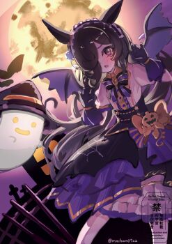 1girl absurdres animal_ears bat_wings black_gloves blush bow breasts brown_hair claw_pose fang flipped_hair frilled_hairband frills full_moon ghost gloves hair_over_one_eye hairband halloween halloween_costume hat highres horse_ears horse_girl horse_tail long_hair looking_at_viewer moon official_alternate_costume open_mouth puffy_short_sleeves puffy_sleeves purple_eyes purple_skirt purple_wings rice_shower_(make_up_vampire!)_(umamusume) rice_shower_(umamusume) saigyougi shirt short_sleeves skirt tail umamusume white_shirt wings witch_hat