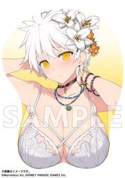 1girl bikini choker commentary_request earrings feather_earrings feathers flower frown hair_flower hair_ornament highres jewelry merchandise_available miyabi_(senran_kagura) mousepad_(medium) official_alternate_costume official_art orange_flower sample_watermark senran_kagura senran_kagura_estival_versus senran_kagura_shinovi_versus short_hair slit_pupils swimsuit upper_body watermark white_bikini white_flower white_hair wristband yaegashi_nan yellow_eyes