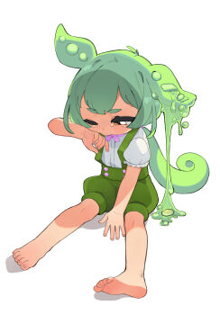 1girl arm_up barefoot brown_eyes buttons commentary crying dot_nose english_commentary feet full_body green_shorts grey_hair hair_tie high-waist_shorts highres long_hair looking_down low_ponytail neck_ribbon one_eye_closed pea_pod pink_ribbon ponytail puffy_shorts ribbon shirt short_sleeves shorts simple_background sitting soles solo suspender_shorts suspenders thick_eyebrows toenails toes voicevox white_background white_shirt yokappa_(jokappa) zundamon