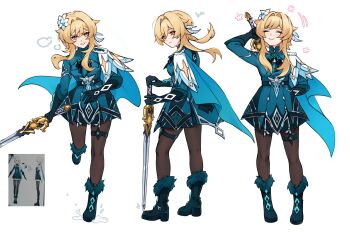 1girl absurdres baobeibai black_boots black_gloves black_pantyhose blonde_hair blue_cape blue_dress boots breasts cape cinnabar_spindle_(genshin_impact) closed_mouth commentary_request dress facing_viewer feather_hair_ornament feathers flower full_body fur-trimmed_boots fur_trim genshin_impact gloves hair_flower hair_intakes hair_ornament highres holding holding_sword holding_weapon light_frown looking_at_viewer lumine_(genshin_impact) lumine_(snezhnaya)_(genshin_impact) medium_breasts multiple_views official_alternate_costume pantyhose parted_lips planted planted_sword reference_inset russian_commentary screenshot_inset short_hair_with_long_locks smile sword thigh_strap weapon weapon_on_back yellow_eyes